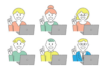 パソコンの前で人差し指を立てるいろいろな人3　男性　女性　カラー