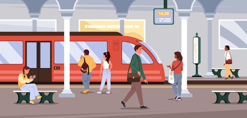 People commuting in subway metro station. Urban city transportation, high speed train, public transport infrastructure, underground railway passengers cartoon vector illustration