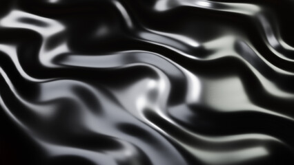 Black metal texture with waves, liquid dark metallic silk wavy pattern, 3D render illustration.