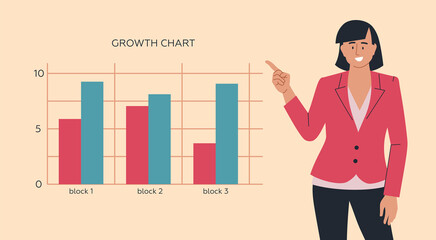 People. Woman pointing gesture, emotions on her face. Presentation, infographics. Vector image.