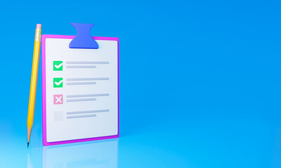 White questionnaire with checklist. White clipboard with a checklist on blue background. golden or yellow pencil. 3D rendering