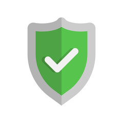 Green approval shield icon on white background