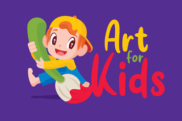Happy cute little kid boy holding big art brush with custom title illustration