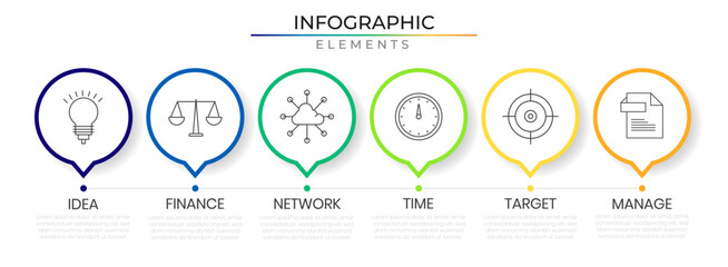 Minimal circular pin point horizontal row timeline infographic design vector with icons. Six business network project template for presentation and report.