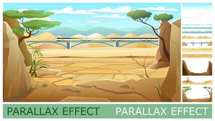 Train goes over bridge. Image from layers for overlay with parallax effect. Desert sand. Landscape of southern countryside. Drought cracked desert land. Cool cartoon style. Vector