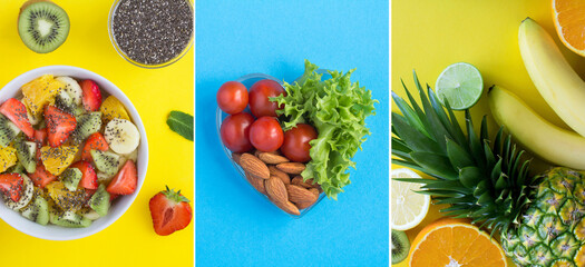 Collage of healthy food on the colored background. Top view.