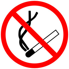 Black burning cigarette in forbidding crossed out red circle on white background. The sign, logo, embleme or simbol of no smoking area or zone