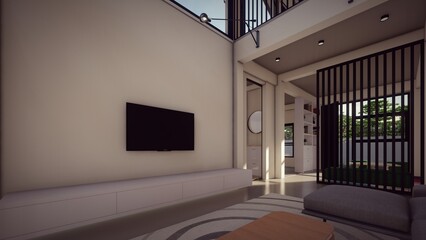hanging cabinet in tv room 3d illustration