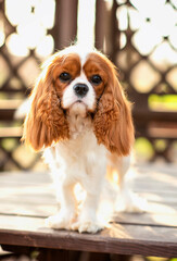 dog cavalier king charles spaniel walks in spring