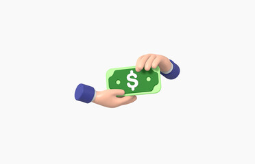 Hand Picking up and Holding Banknote Isolated on White background, grab, gesture, cartoon, business concept, 3d rendering.