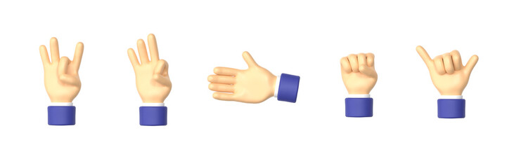 Hand Gestures Isolated on White background, cartoon, 3d rendering.