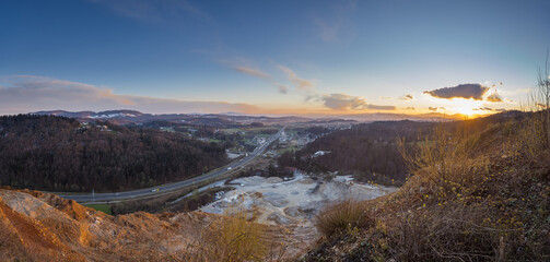 View from above the quarry in Lukovica, looking towards the ljubljana basin with Domzale in the far...