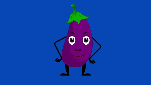 Cartoon brinjal talking loop with alpha channel. Vegetable animation on a transparent background.