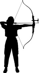 Black isolated silhouette of a female archer aiming with a barebow