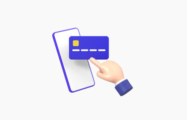 Fototapeta premium Pointing finger at Credit card and smartphone Isolated on White background, cartoon, business concept, 3d rendering.