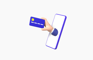 Hand Picking up credit card with smartphone Isolated on White background, grab, gesture, cartoon, business concept, 3d rendering.