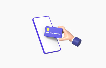 Hand Picking up credit card with smartphone Isolated on White background, grab, gesture, cartoon, business concept, 3d rendering.