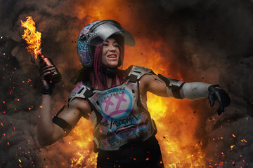 Radical woman protester with molotov against massive explosion