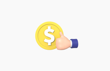 Hand thumb up and coin Isolated on White background, cartoon, business concept, 3d rendering.