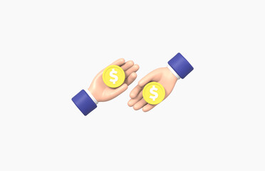 Hands holding coins Isolated on White background, exchange, cartoon, business concept, 3d rendering.