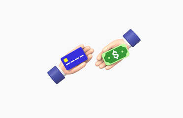Hands holding credit card and money bill Isolated on White background, exchange, cartoon, business concept, 3d rendering.