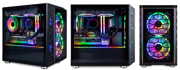 set collection of black custom gaming pc computer with glass windows and colorful bright rgb rainbow led lighting isolated white background