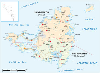 Road map of the Caribbean island Saint Martin, France, Netherlands