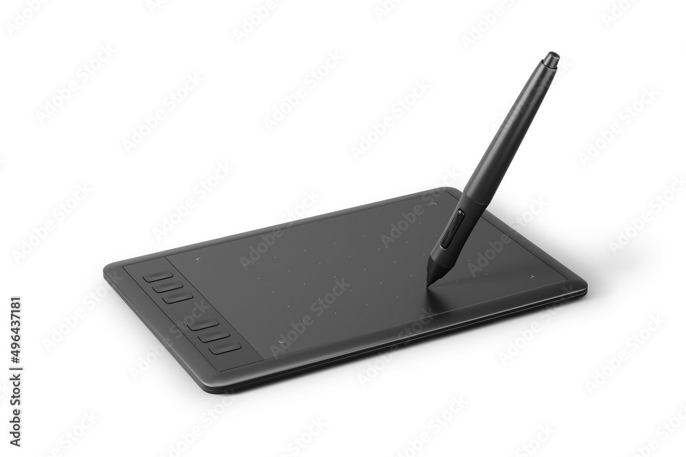 Fototapete Professional graphics tablet with digitized pen isolated on white. 3d rendering