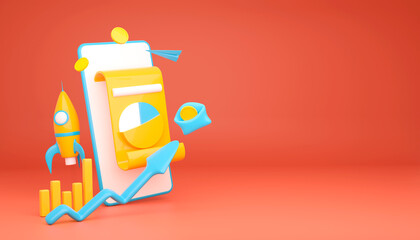 Growth stock with financial news, chart up statistics. Arrow coins, plane, graph. Blue, yellow colors. Concept of market movement. 3d rendering illustration on salmon background.