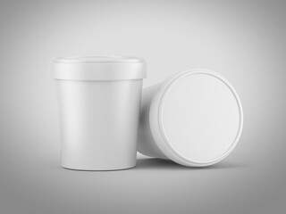 Pair of Ice cream buckets. Blank white Ice cream bucket isolated on white. Mockup template of ice cream container. 3d rendering