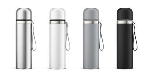 White, Gray, Black and Silver Empty Glossy Metal Thermos Water Bottle Isolated on White. 3d rendering