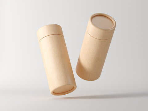 Pair of Craft Paper tubes with paper caps, cardboard containers for cosmetic packaging branding. 3d rendering mockup.