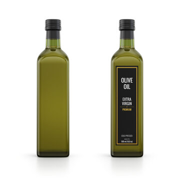 Olive oil glass bottle isolated on white. Mockup template design. 3d rendering