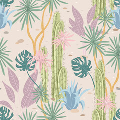 Tropical seamless pattern. Background with cactus, palm trees and monstera plants.