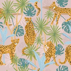 Cheetah seamless pattern. Tropical plants background. © Dovikuu