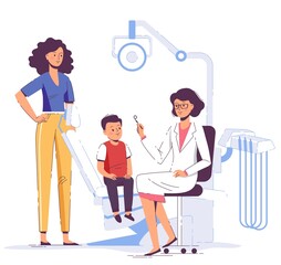 Family medicine dental concept. Dentist, mother and child in dentistry office.