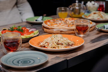 Wooden Table with food and drinks