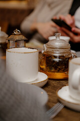 transparent teapot on the table.Close up