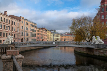 View of the Lion Bridge across the Griboyedov Canal on a sunny autumn day, St. Petersburg, Russia