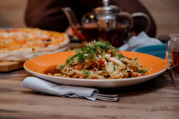 Wooden Table with food and drinks