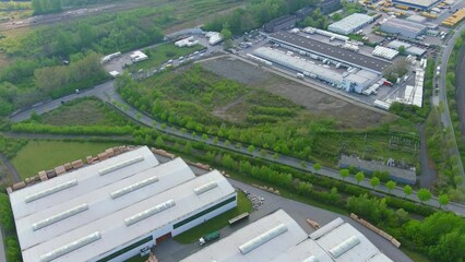 Dortmund: Aerial view of city in Germany, city outskirts with modern public and industrial buildings and warehouses - landscape panorama of Europe from above