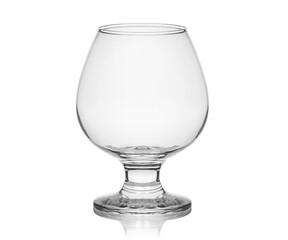 Empty transparent glass cup, shot glass, glass for wine, whiskey, cognac, martini, beer, juice and other drinks, isolated on white background. Dishes for bar, restaurant, pub.