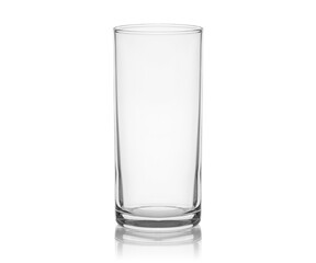 Empty transparent glass cup, shot glass, glass for wine, whiskey, cognac, martini, beer, juice and other drinks, isolated on white background. Dishes for bar, restaurant, pub.