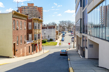 Buildings at Cliffside Park, New Jersey, downhill road, old and modern Buildings
