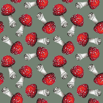 Seamless mushroom pattern, Fly agaric background, Poison muchroom print, Autumn ornament, Green mushroom backdrop, Amanita wallpaper, red mushroom on green background
