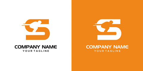 an S-themed graphic image of a sky player, on an orange and white background. vector graphics base.