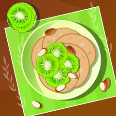 Delicious pancake with kiwi in vector format. Sweet illustration. Top fiew.