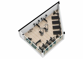 Fitness gym. Home fitness. Floor plan gym. Fitness center 3d illustration. Fitness. Gym. Fitness club. Gym interior design.