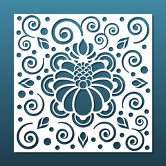 Laser cut panel, paper card background. CNC stencil fot cutting, engraving. Diy craft,  square tile with floral patter, silhouette. Paper art, interior design, home decor. Vector illustration
