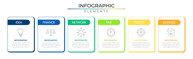 Minimal horizontal row rectangle timeline infographic elements plan concept design vector with icons. Six business network project template for presentation and report.